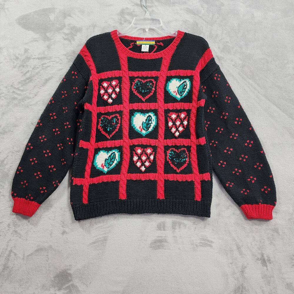 Vintage Bryn Connelly Sweater Womens S Black Heart Grid Cable Knit Pullover